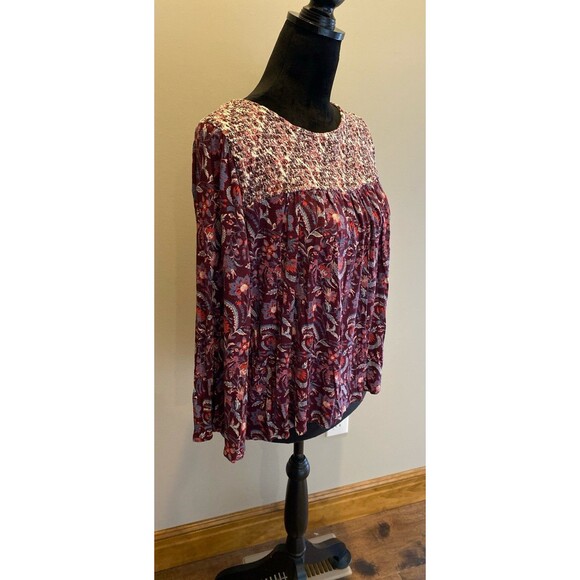Lucky Brand Blouse Size XL Burgundy Smocked Top Bell Sleeves Boho Peasant - Picture 4 of 10